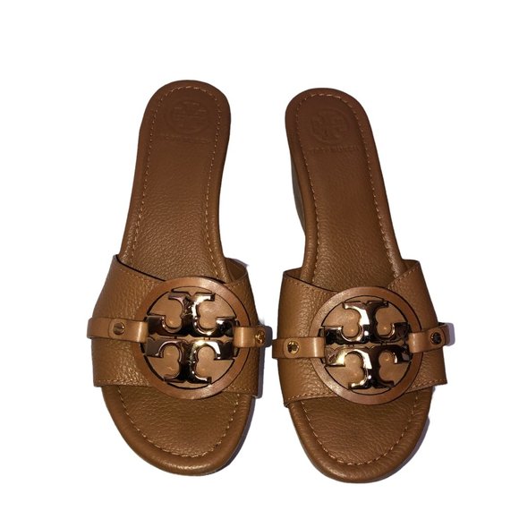 Tory Burch Patti Wedge Sandals Slides Platform Camel Brown Leather Womens 9M 9 - Picture 2 of 12